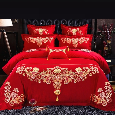八件套床上用红色刺绣枕套结婚双人床4件套婚庆四件套十件套床品