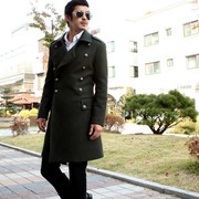 韩国男装2023冬款时尚军绿色，绅士修身双排扣大衣外套上衣