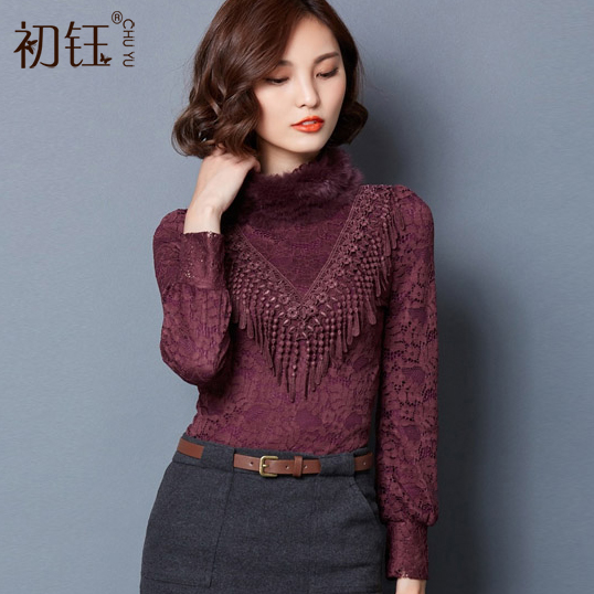 正品打折高档濑兔毛半高领蕾丝衫加绒加厚打底