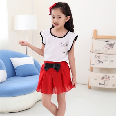 2016童装夏季爆款女童雪纺套装儿童 红裙裤 短