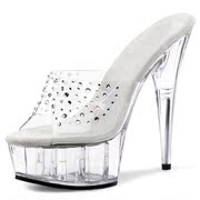 水晶鞋水钻婚鞋2014欧美性感女鞋，15cm超高跟鞋子，透明细跟凉鞋