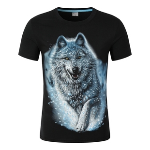 男士夏季3D棉短袖T恤宽松大码动物雪狼潮牌时尚休闲个性男装半袖