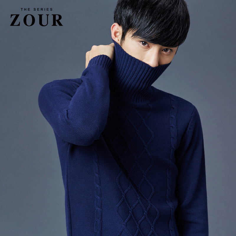 zour男士高领毛衣冬季加厚韩版翻领套头长袖针织衫毛衣青年毛线衣