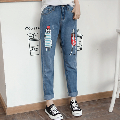 牛仔九分裤女宽松垮裤2016秋季显瘦刺绣卡通