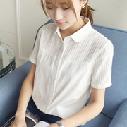 夏季薄款短袖衬衫女韩版小清新娃娃，领拼接纯棉显瘦学生白色衬衣潮