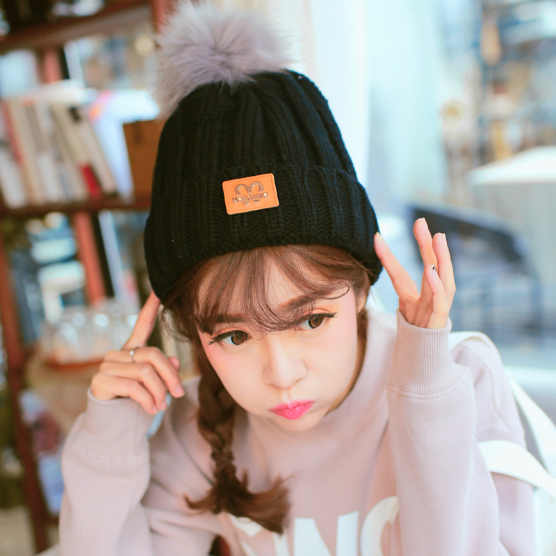 韩版帽子女秋冬甜美可爱针织毛线帽保暖加绒毛球帽百搭休闲毛线帽