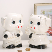 一对情侣陶瓷猪存钱猪罐储蓄罐可爱创意零钱罐家居摆件结婚摆礼物