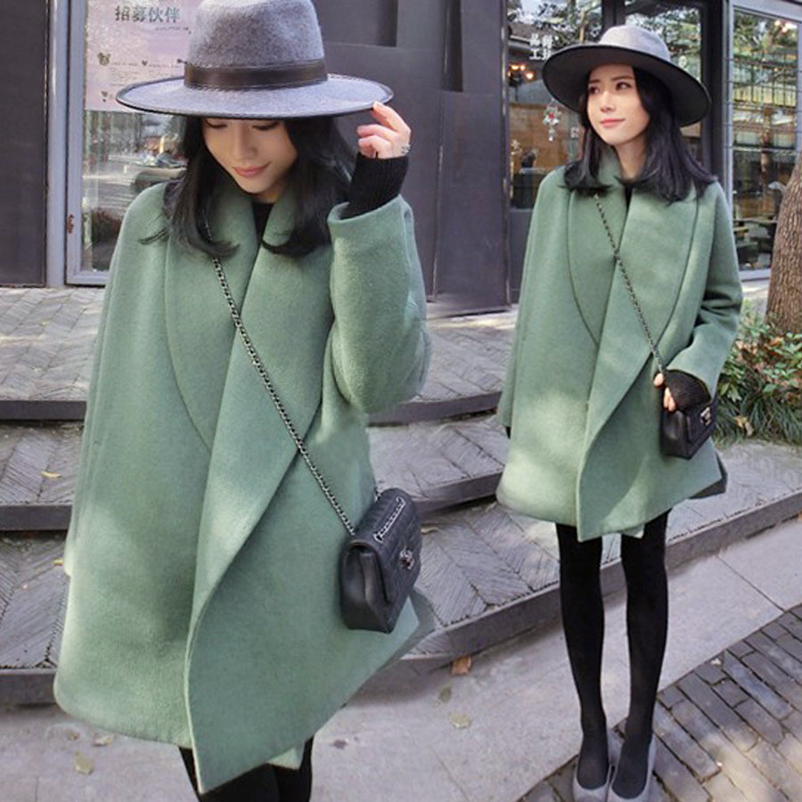 2016冬装新款韩版中长款纯色毛呢外套斗篷型加厚加棉外套女潮流