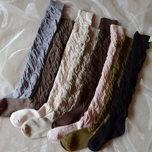 日单外贸纯色原宿个性纯棉，高筒袜(高筒袜)泡泡，过膝大腿袜堆堆袜子长筒袜