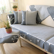 地中海深蓝色条纹斜纹全棉，四季布艺纯棉防滑沙发垫，防尘垫巾飘窗垫