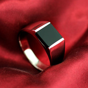 复古黑玛瑙男士戒指宝石，转运钛钢指环时尚，欧美个性潮男可刻字饰品