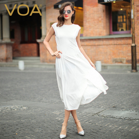 VOA 玫红白色真丝双绉圆领包袖側边收腰倒褶右开叉小X型OL连衣裙商品大图