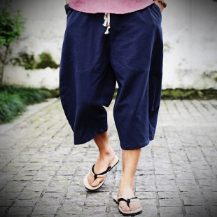 夏季中国风亚麻七分休闲裤，如意大裆裤男尼泊尔民族风短裤禅修茶服