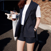 韩版夏季棉麻西服马甲短裤套装女亚麻两件套薄款西装坎肩短裤套装