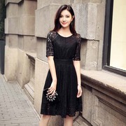 黑色蕾丝连衣裙女春装中袖韩版加厚时尚绣花连衣裙潮仙女