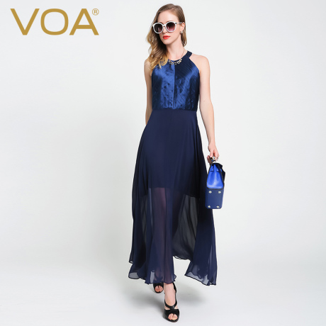 VOA重磅真丝连衣裙乔其纱下摆百搭休闲无袖桑蚕丝中长裙A6008商品大图