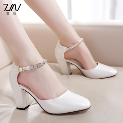 2015春夏季新款韩版甜美包头女凉鞋金属链子粗跟低帮浅口高跟鞋子