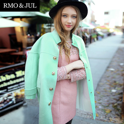 罗家精品2014秋冬女装新气质立领时尚落肩中长款双面羊绒毛呢外套