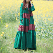 棉麻连衣裙春季女装复古碎花拼接波，西米亚长裙子，民族风绿色大摆裙
