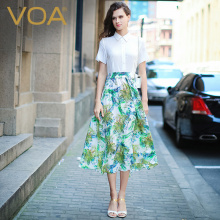 VOA 白色衬衫式绿羽毛印花真丝连衣裙 短袖OL中腰气质A5826图片