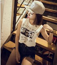 9925#2014夏新款欧美百搭摇滚歌手头像钻石印花背心短款t恤女无袖