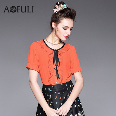 奥芙俪加肥加大码女装衬衫女胖mm2017新款撞色蝴蝶结系带宽松上衣