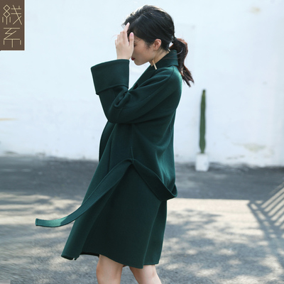 2016秋冬纯手工墨绿色 双面呢大衣中长款系带