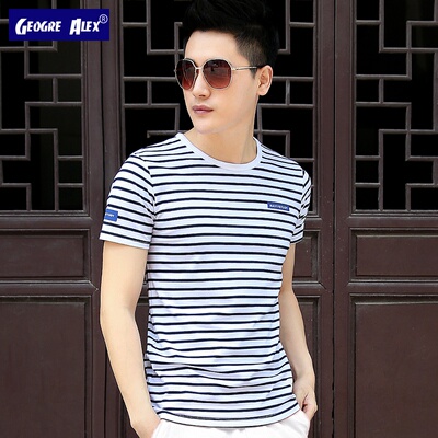 男士短袖T恤 潮流纯棉条纹半袖夏季韩版衣服男夏装潮牌海魂衫体恤