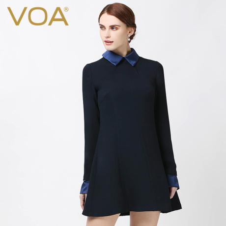 VOA 青色娃娃领重磅真丝A字短裙 缎面袖口领子可脱卸连衣裙A5523商品大图