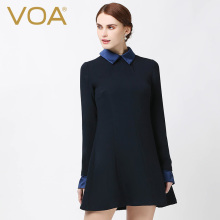 VOA 青色娃娃领重磅真丝A字短裙 缎面袖口领子可脱卸连衣裙A5523图片