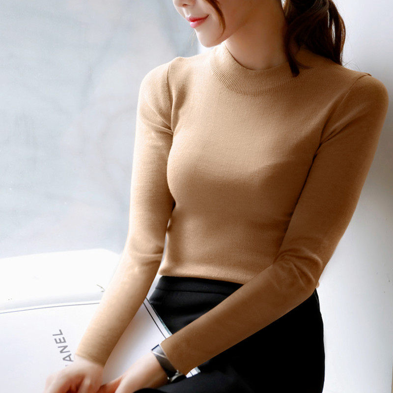 简蒂娅欧美秋冬女装半高领长袖针织衫修身套头显瘦打底衫保暖毛衣