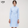 USE2016春季新款欧美简约OLX型淡蓝色条纹连衣裙长袖显瘦衬衫裙女