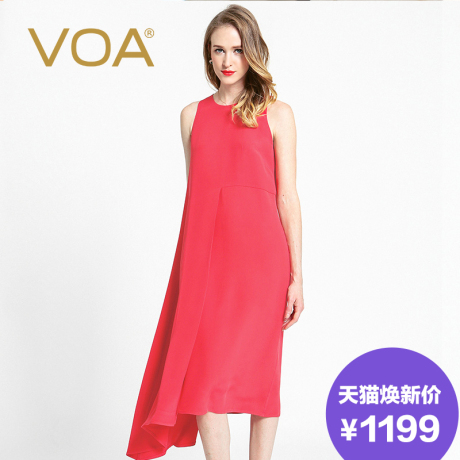 VOA 正红挖肩袖圆领重磅真丝不规则斜摆宽松A版连衣裙CasualDress商品大图