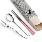 不锈钢筷子勺子套装便携式餐具三件套叉子学生创意可爱筷子盒长柄