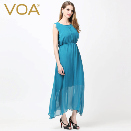 VOA 青兰圆领荷叶无袖松紧腰两件式X型柔薄轻柔真丝连衣裙A5786商品大图