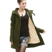 2016冬装韩版中长款加绒卫衣女，宽松带帽拉链开衫休闲保暖外套
