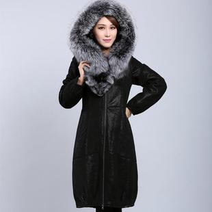 真羊皮毛一体女装外套，人造羊剪绒长款大衣，保暖超大狐狸毛领帽