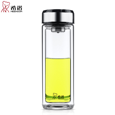 希诺玻璃杯大容量男士办公杯 带盖双层隔热水杯带滤网透明杯子