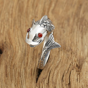 s925纯银饰品手工，复古泰银个性指环，女款开口鲤鱼戒指