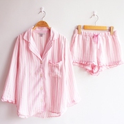 春夏季美国风格粉色条纹七分袖梭织纯棉睡衣，短裤套装家居服女