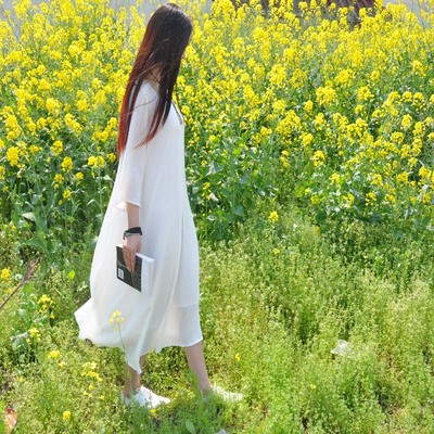 BG2016春装新款长袖白色连衣裙淑女文艺飘逸