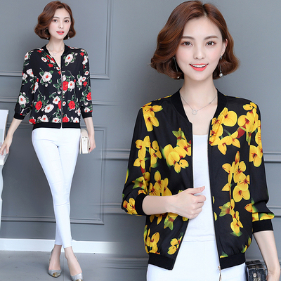 夏季短款雪纺开衫沙滩防晒衣薄款棒球服披肩空调衫上衣女印花外套