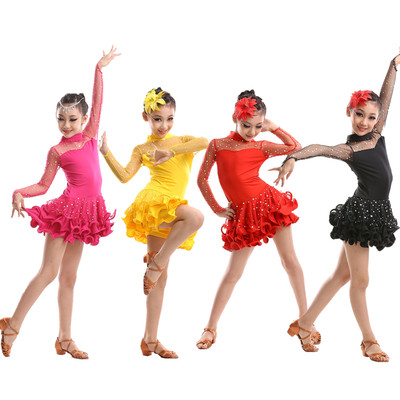 标题优化:新款拉丁舞服装女童长袖幼儿童舞蹈服 表演服装比赛连衣裙练功服