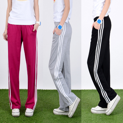 2017秋季新款慢跑休闲运动裤女学生直筒裤三杠长裤 大码宽松卫裤