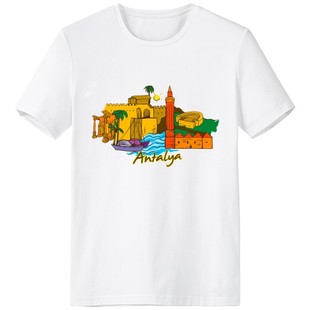 安塔利亚国家地理插画男女白色纯棉短袖T恤创意印花卡通纪念衫