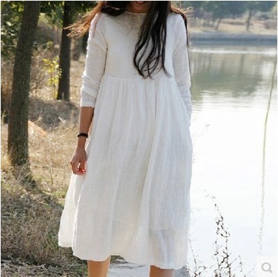 文艺竹节麻禅意高腰长袍子 高腰棉麻长袖连衣裙