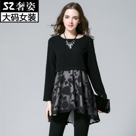 奢姿2016大码女装秋装新款拼接网纱T恤女宽松