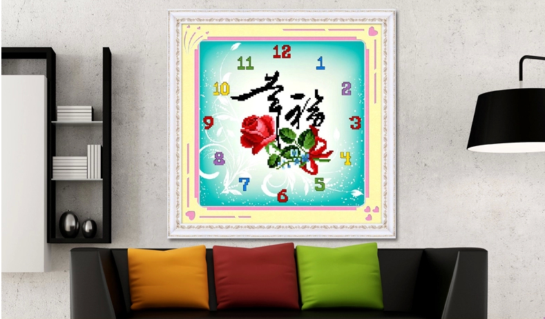 5D钻石画DIY钻石绣圆钻幸福爱情玫瑰钟表新款客厅十字绣贴钻画