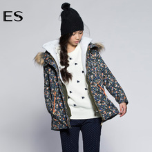 艾格 ES 女装2015冬季新品 迷彩图案可脱卸棉服外套14033208434图片