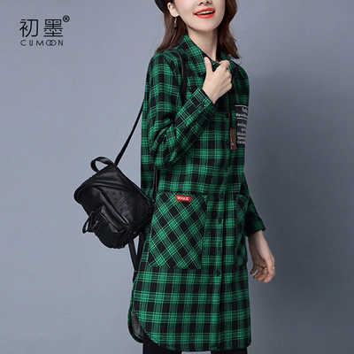 初墨衬衫女格子加绒长袖纯棉中长款冬宽松休闲